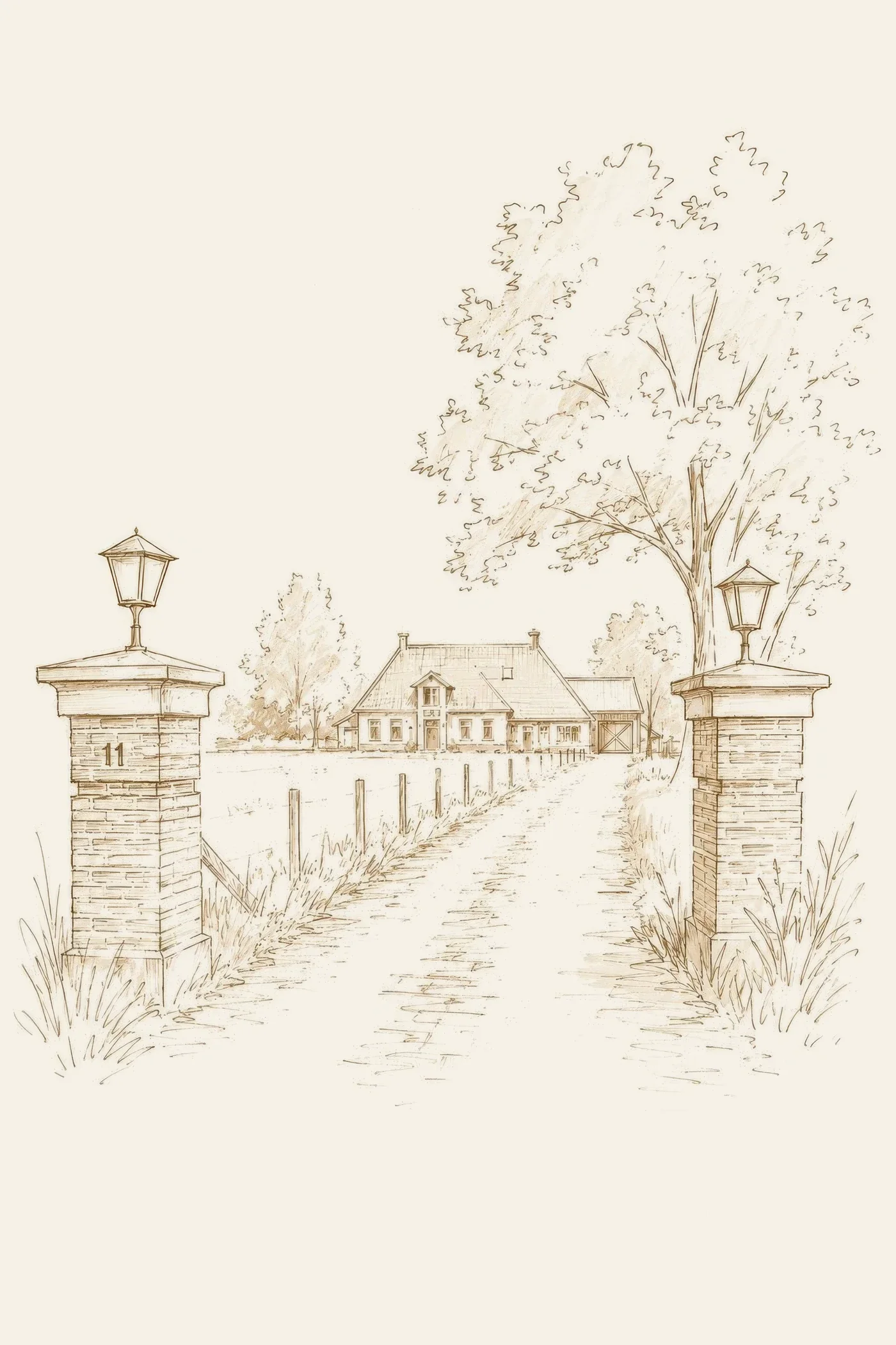 Lijnillustratie van de oprit met het pand van Bed en Breakfast Zandhuizen