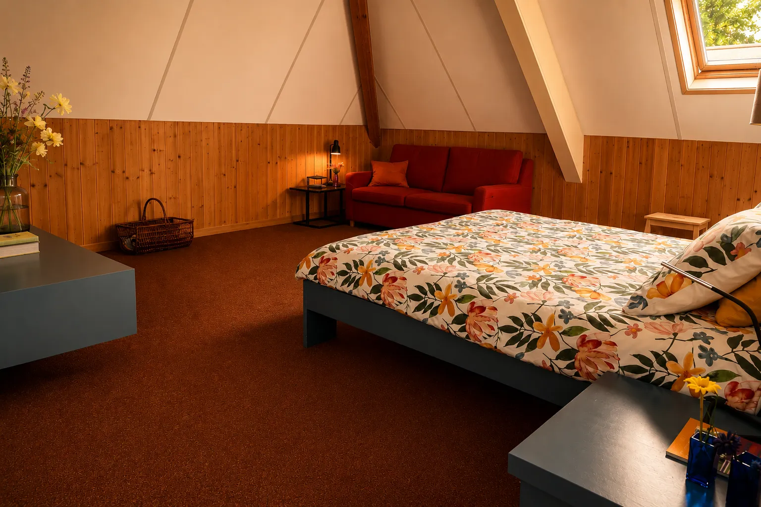 Ruime gastenkamer met bloementextiel op het bed, rode fauteuil en dakraam