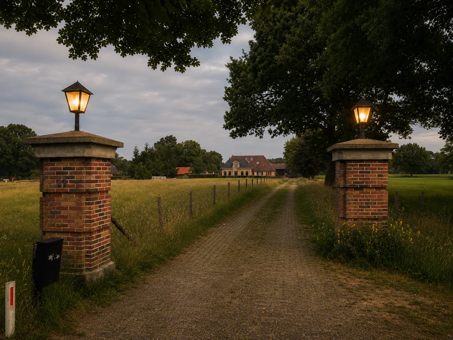 De oprijlaan van B&B Zandhuizen bij gouden avondlicht, met verlichte lantaarns en de boerderij in de verte
