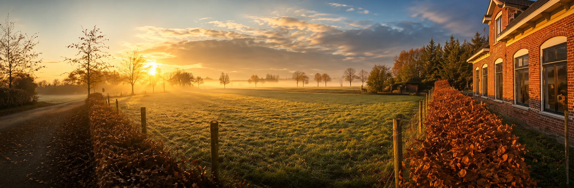 Weids Fries landschap in gouden ochtendlicht met ochtendmist over de weilanden
